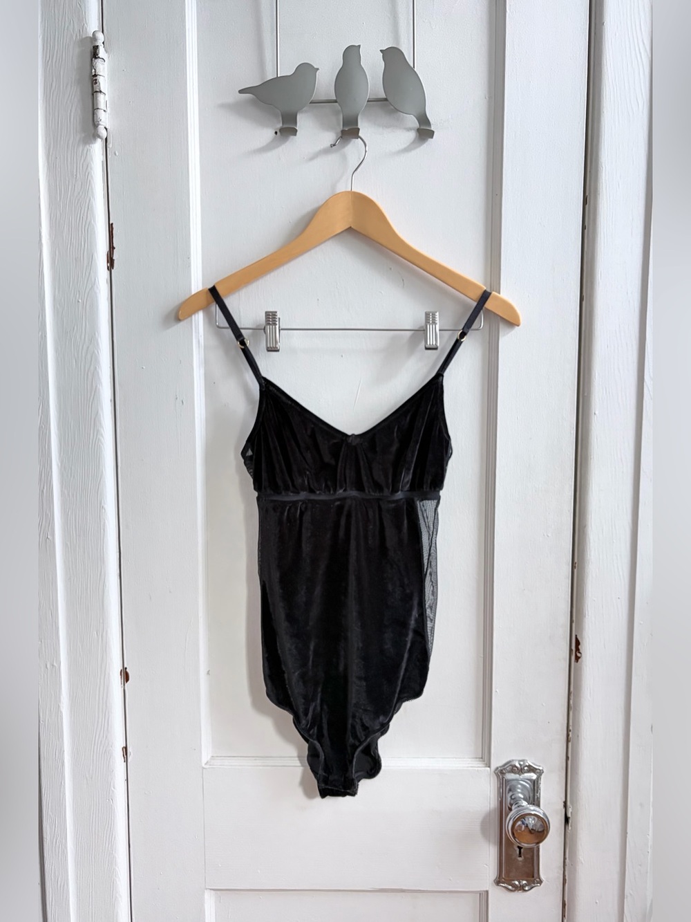 Black Velvet Chemise Bodysuit with Adjustable Straps and Black Mesh Side Panels